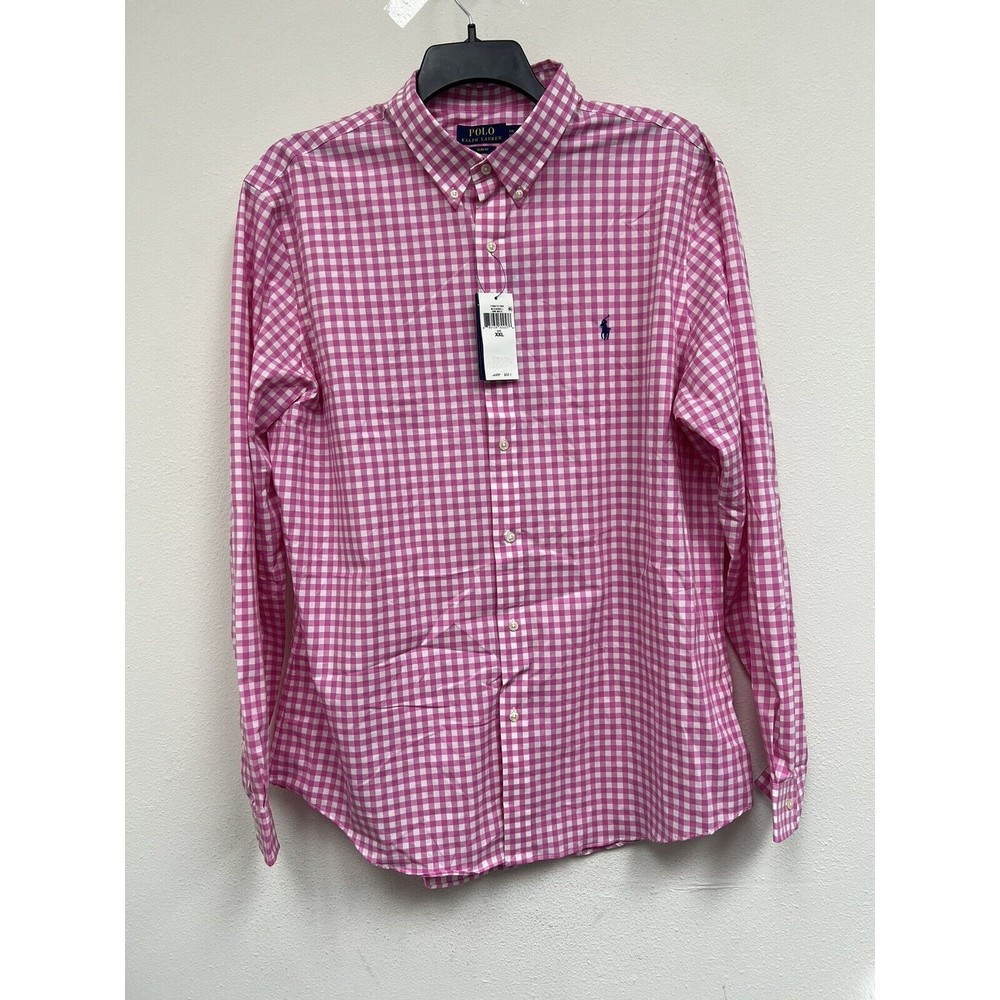 Polo Ralph Lauren Men's Slim Fit Plaid Stretch Poplin Shirt Pink White XXL